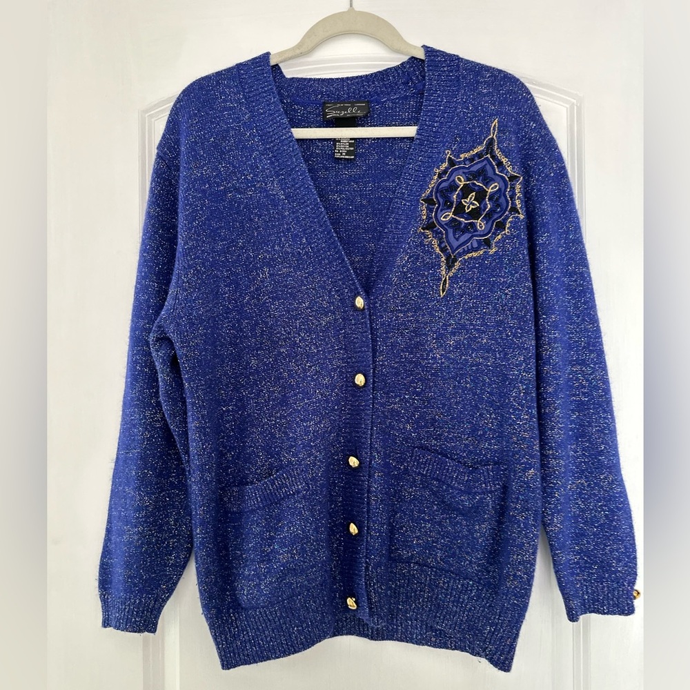 Vintage Glam Suzelle Royal Blue Cardigan with Metallic Gold Embroidery, M